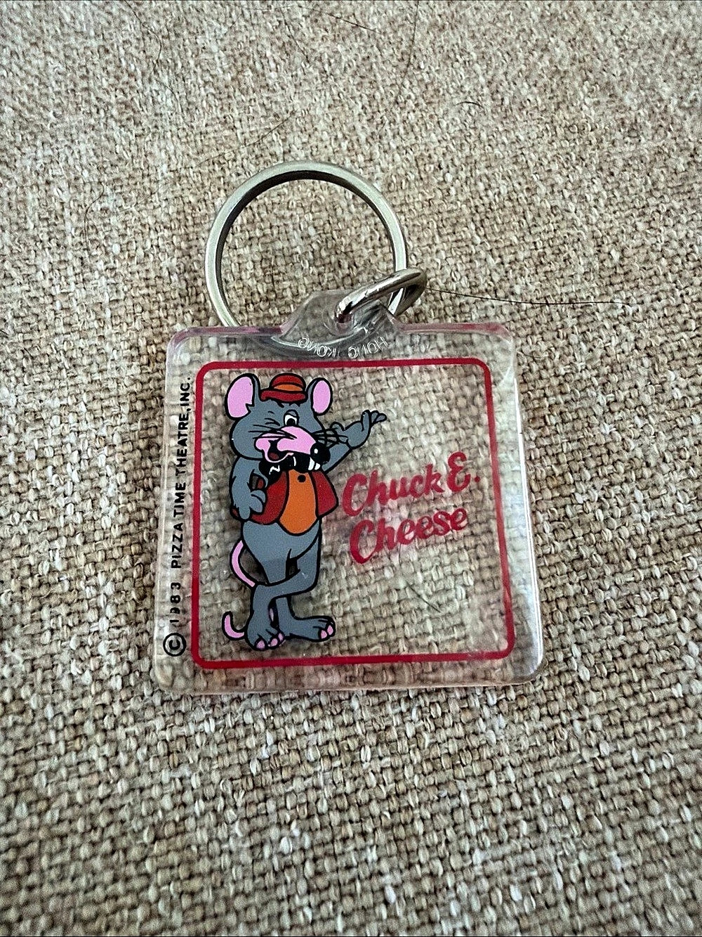Chuck E. Cheese Vintage 1983 Pizza Time Theatre Keychain Clear & Red